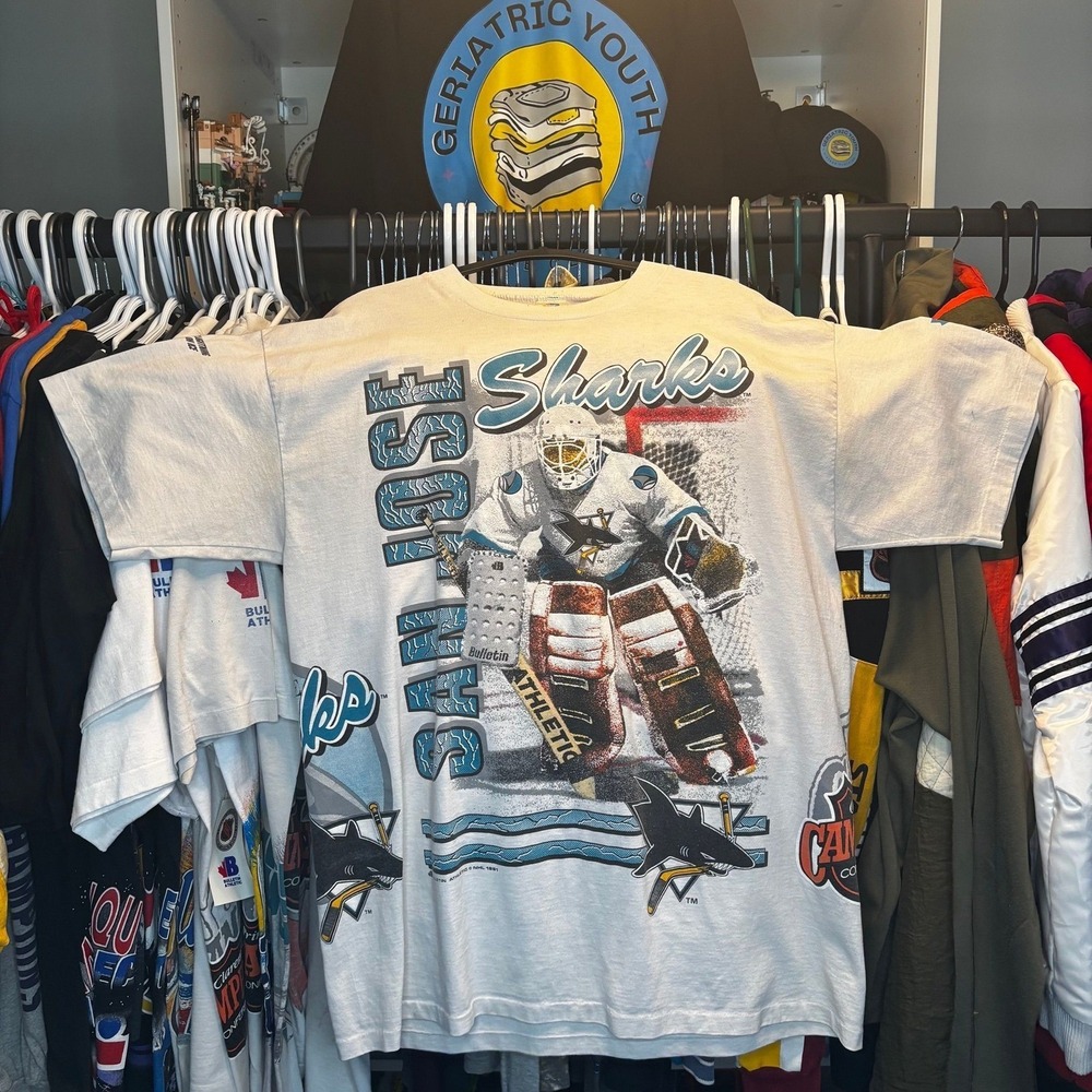 1991 San Jose Sharks Jeff Hackett Bulletin Athletic NHL AOP Shirt Made Canada XL